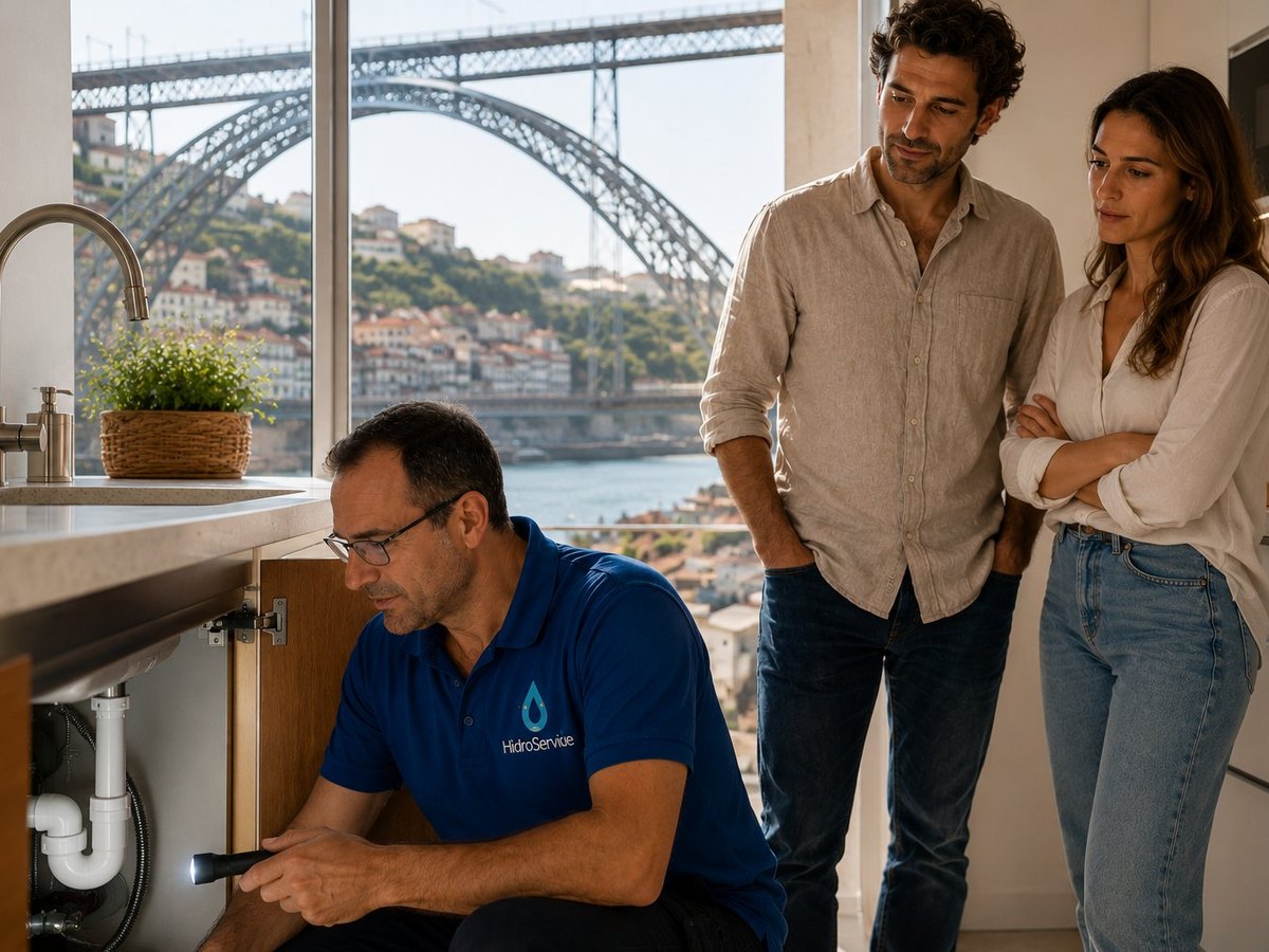 Técnico HidroService a inspeccionar canalização sob o armário da cozinha com vista para a Ponte Dom Luís I e o Rio Douro no Porto