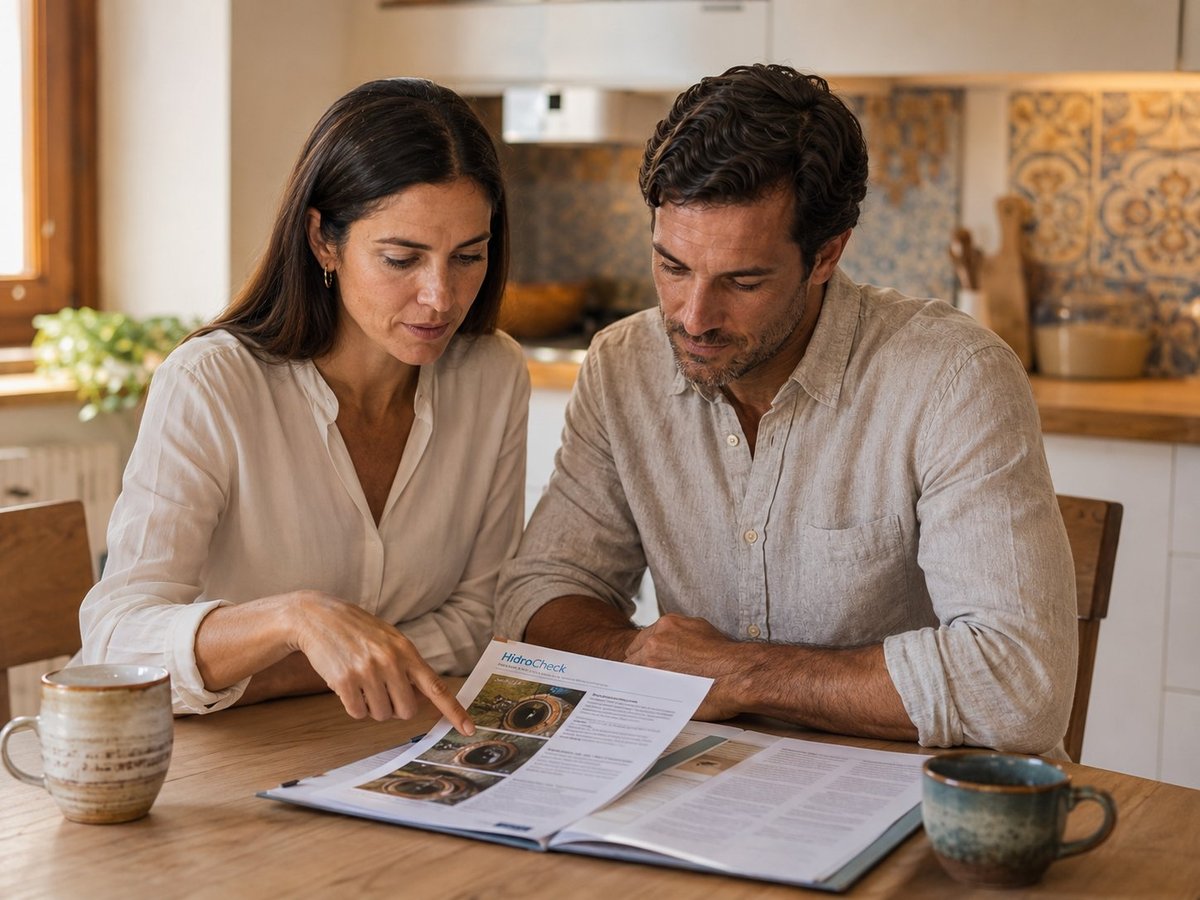 Casal de compradores a rever o relatório HidroCheck na mesa da cozinha, azulejos portugueses ao fundo