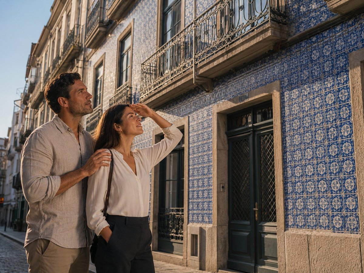 Casal de compradores em frente a fachada de edifício do Porto com azulejos azuis tradicionais e varandas de ferro forjado