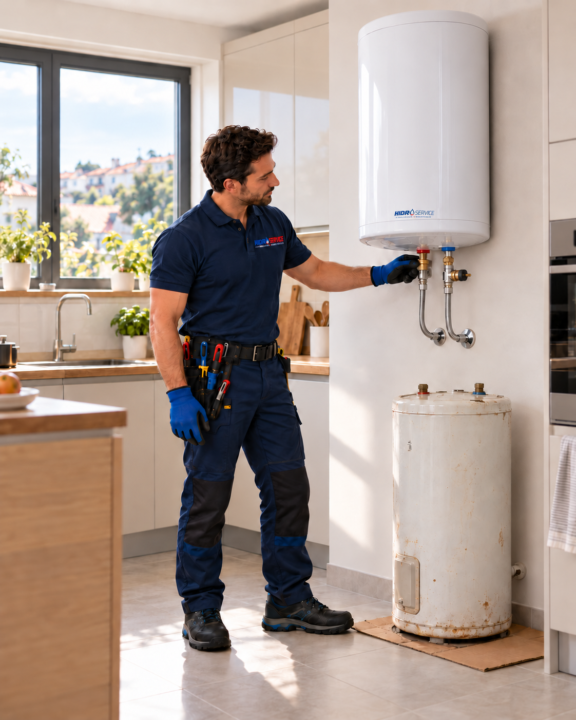 Técnico Hidroservice a substituir termoacumulador em cozinha em Vila Nova de Gaia